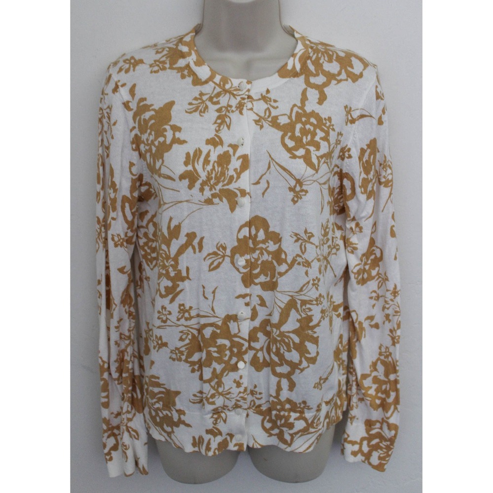 Ann Taylor Factory Cardigan Large Ivory Yellow Floral 100% Cotton Button Front